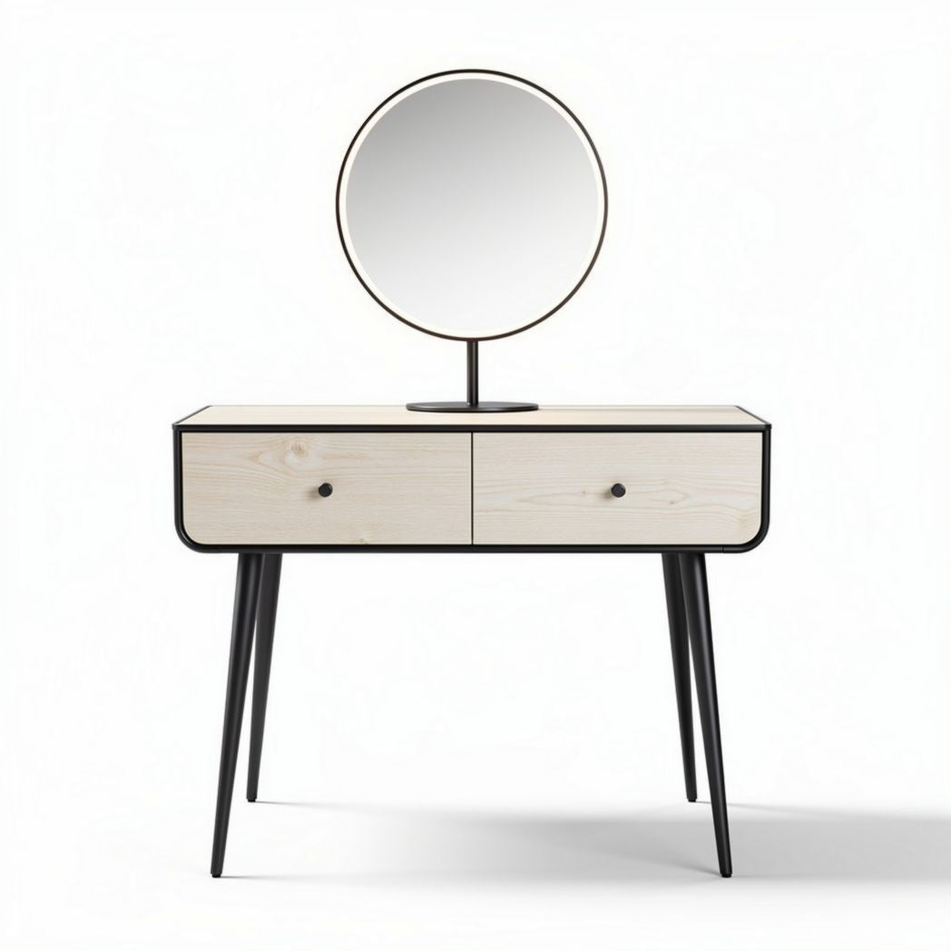 Coiffeuse en bois de pin avec miroir rond dimensions 80 x 40 x 140cm
