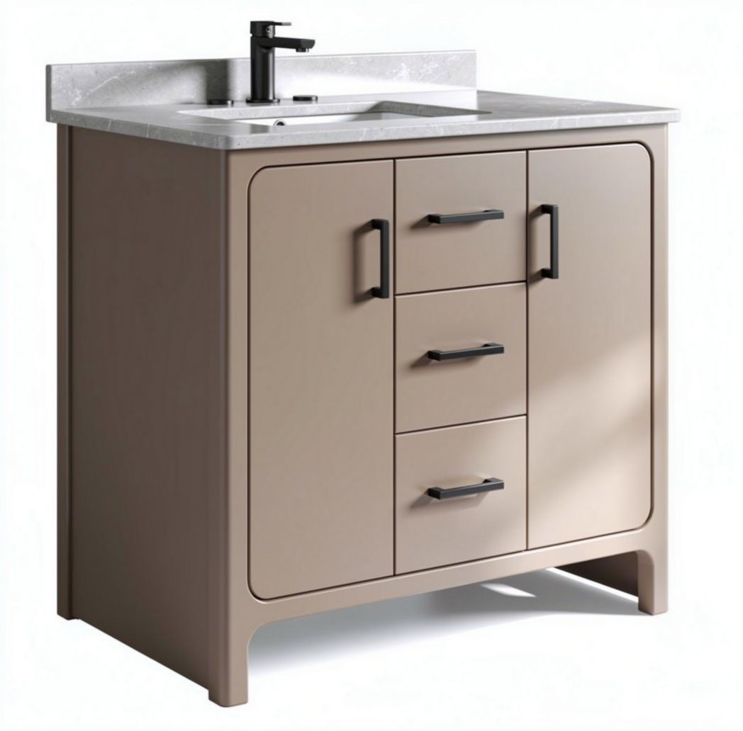 Meuble de salle de bains en bois beige avec plan de travail en marbre 80 x 50 x 85cm