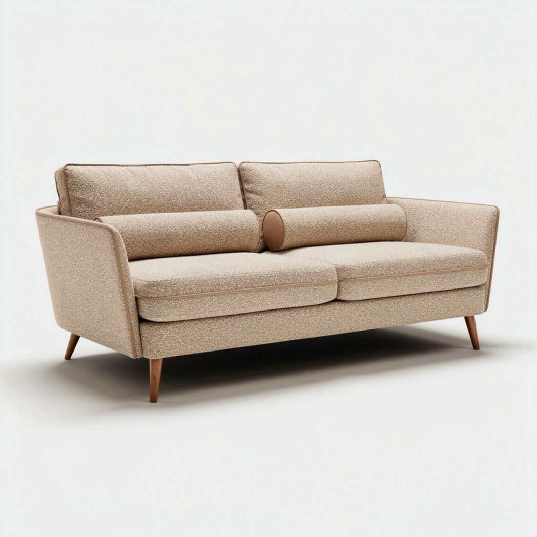 Canapé en tissu beige avec coussins et accoudoirs en bois 160 x 80 x 70cm