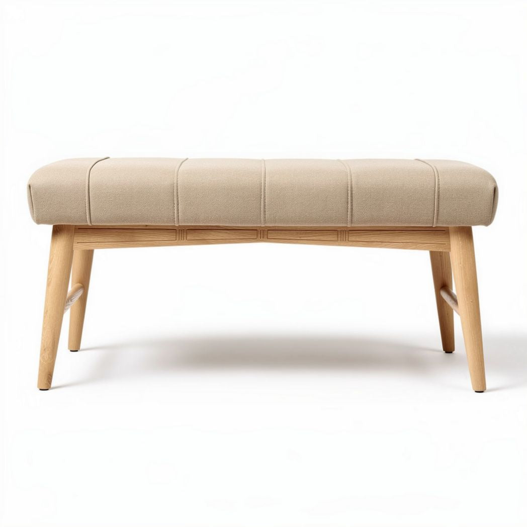 Banc en bois de hêtre avec rembourrage en tissu beige 120 x 50 x 45cm