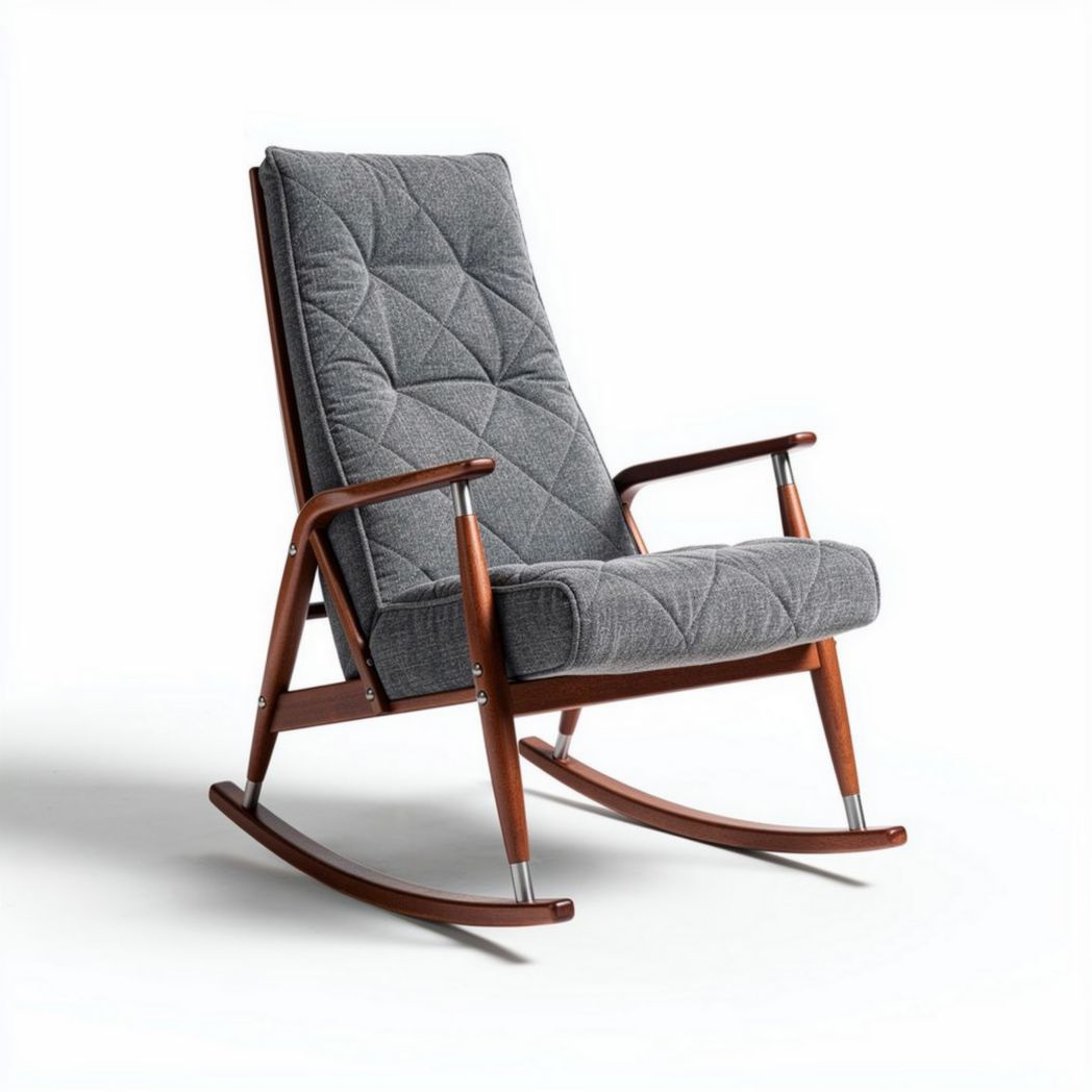 Chaise berçante en bois avec revêtement en tissu gris dimensions 80 x 60 x 100cm
