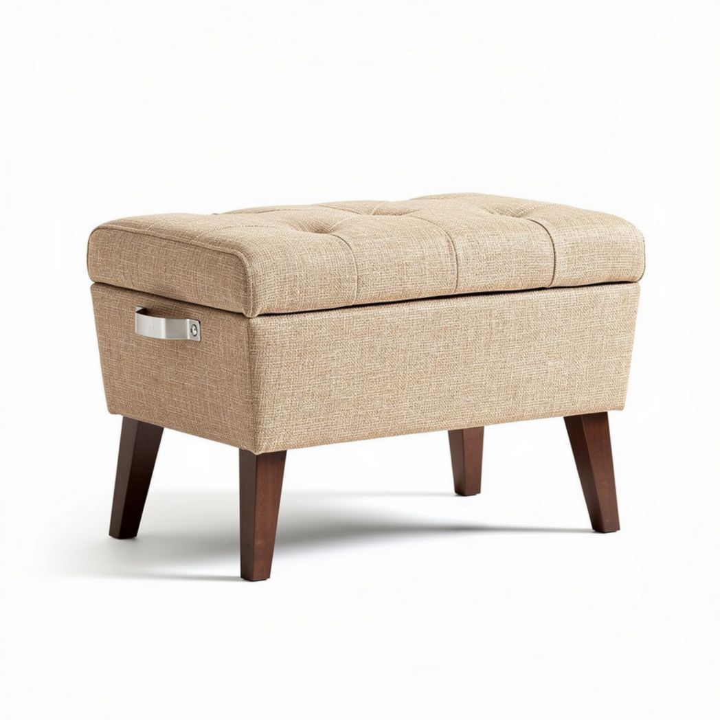 Pouf de rangement en tissu beige 80 x 40 x 45cm avec pieds en bois