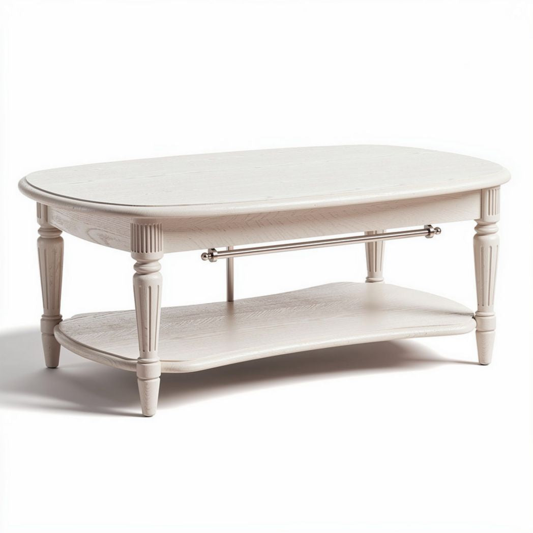 Table basse en bois blanc ovalisée avec étagère inférieure 120 x 60 x 45cm